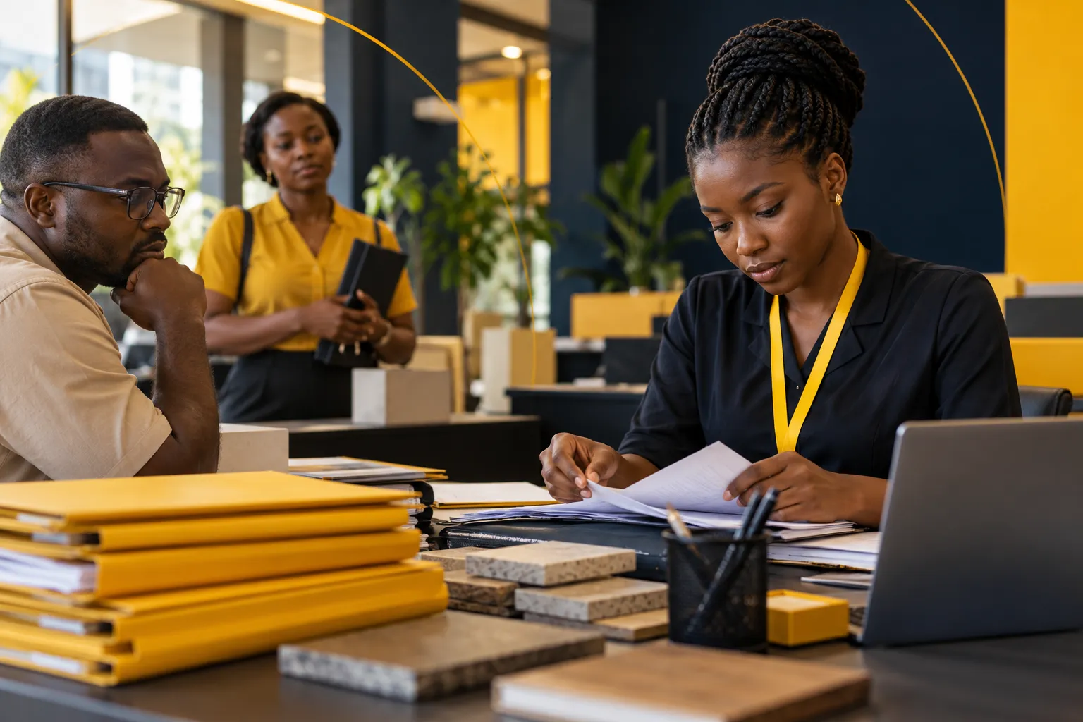 Staff focus on paperwork while a customer waits.