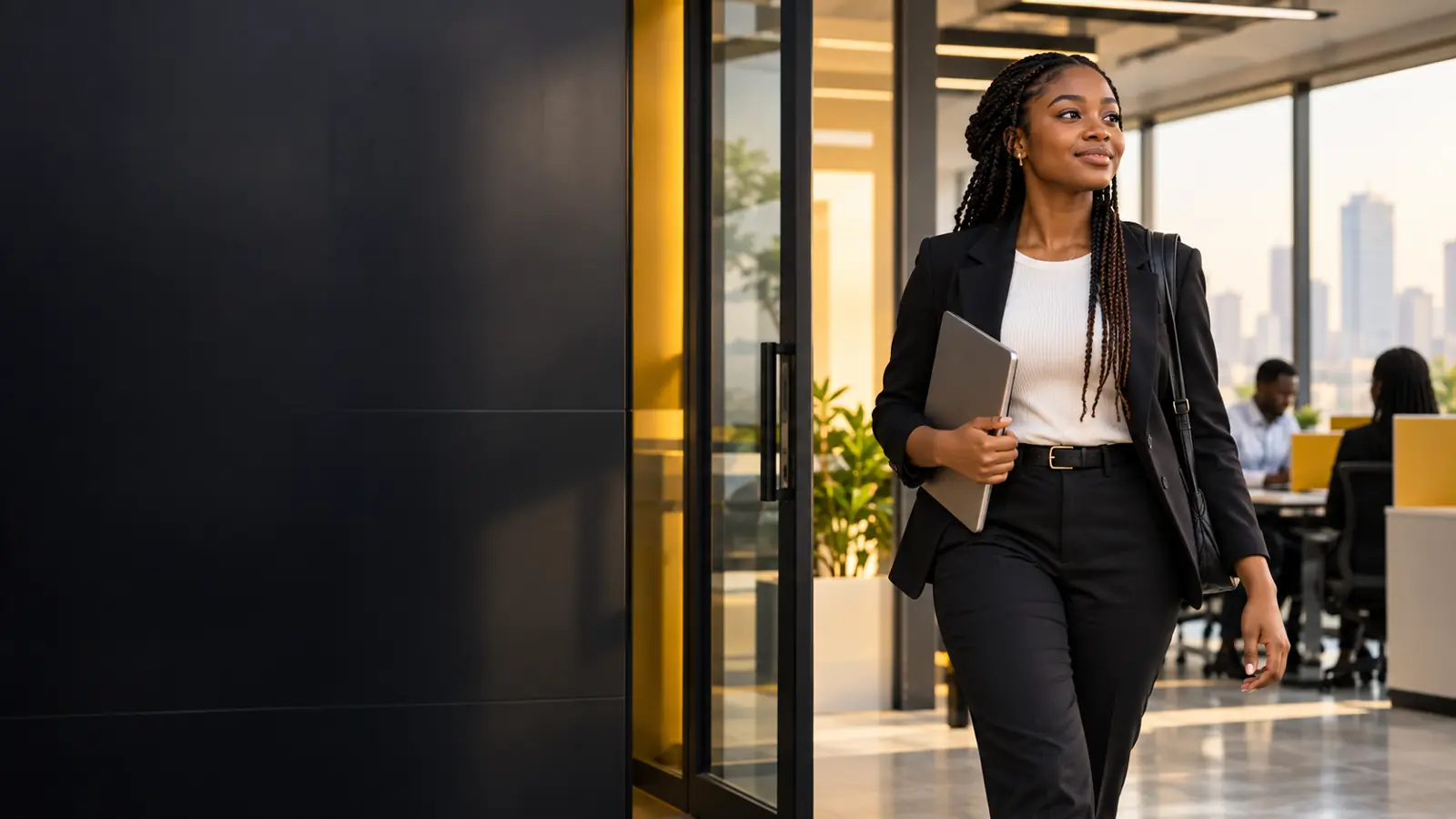 A confident young professional entering a modern Lagos workplace