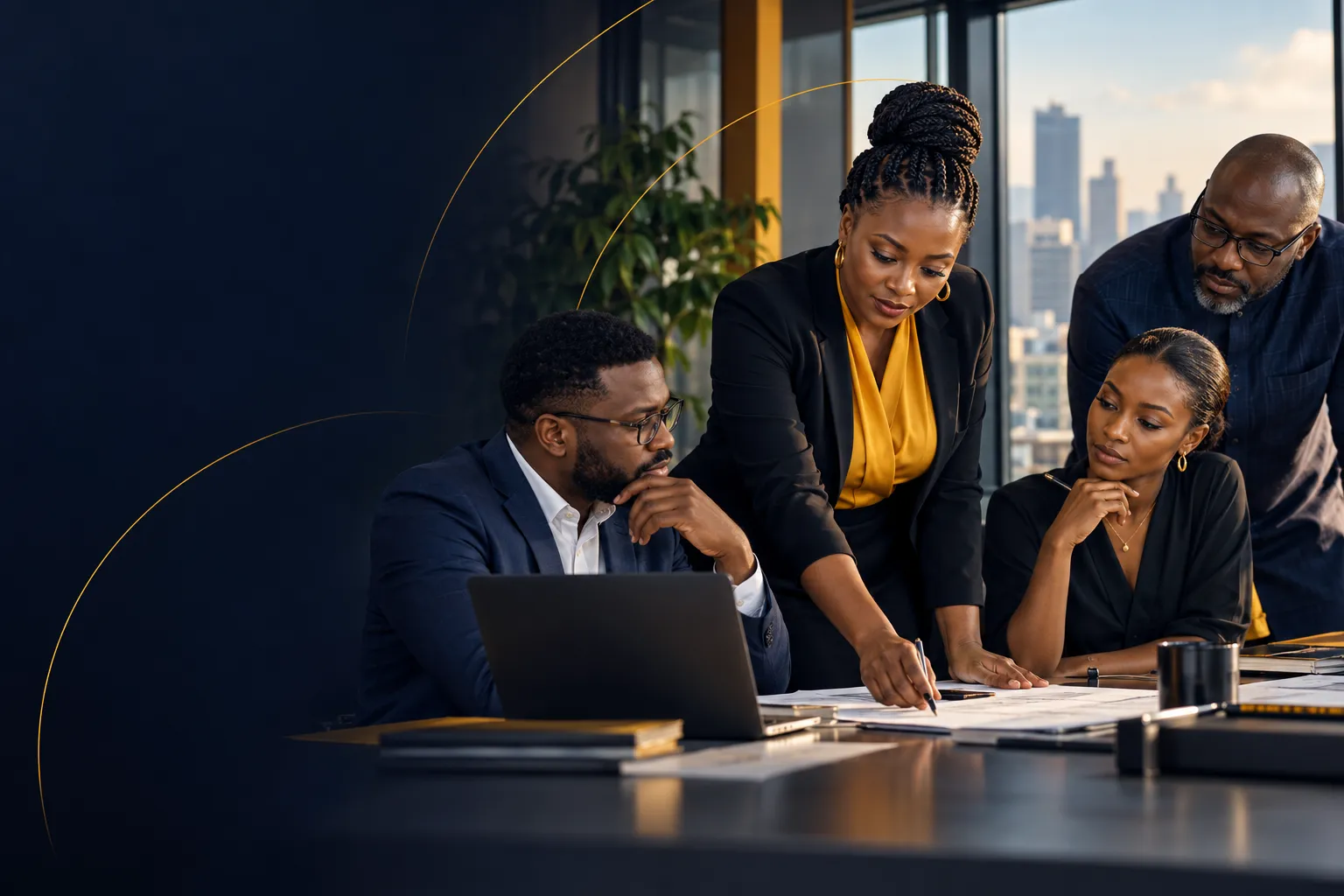 African colleagues work together in a contemporary office.