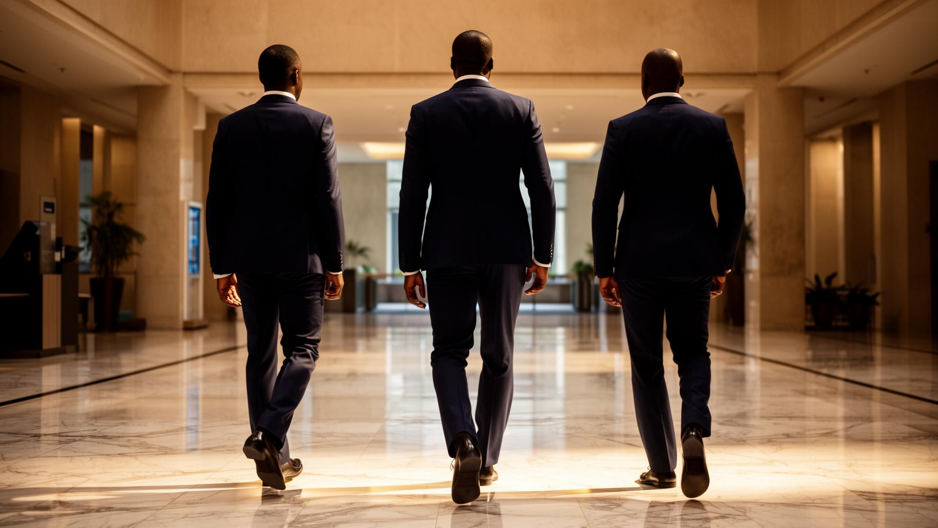 Three executives walking through a marble lobby